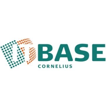 Logo mit dreidimensionalem Würfel aus Punkten in Blau und Orange, daneben der Schriftzug BASE in Großbuchstaben und darunter in kleinerer Schrift CORNELIUS.