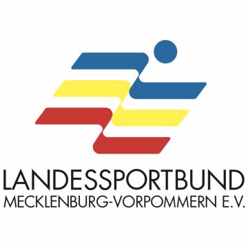Logo des Landesportbundes Mecklenburg-Vorpommern e.V. mit stilisiertem Sportler in Blau, Gelb und Rot und schwarzem Text darunter