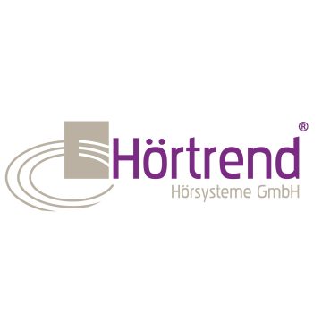 Das Logo zeigt den Schriftzug "Hörtrend" in lila mit dem Zusatz "Hörsysteme GmbH" darunter, neben einem grafischen Symbol aus einem grauen Quadrat und passenden geschwungenen Linien, die Lautsprecher oder Klangwellen andeuten.