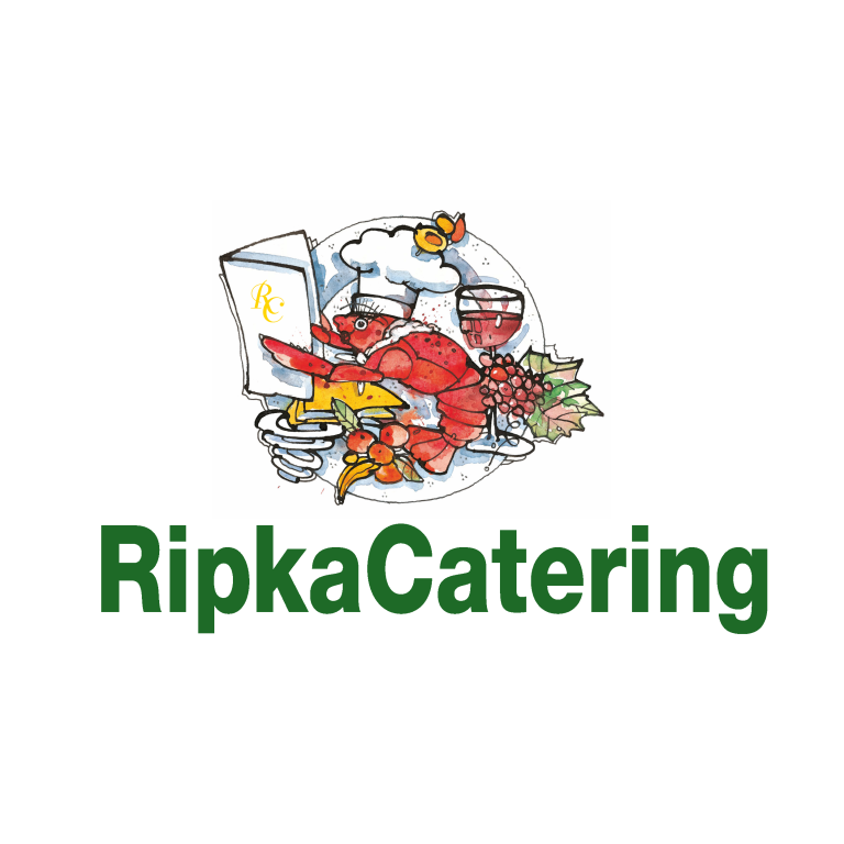 Ein Logo mit einer Illustration eines Kochs, eines Hummers, Wein und Weintrauben, darunter der Schriftzug "RipkaCatering" in großen grünen Buchstaben.