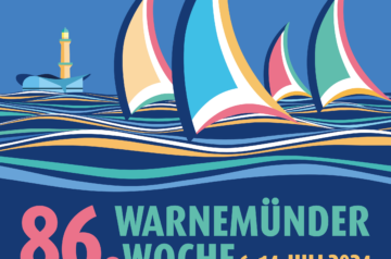 Grafische Darstellung von Segelbooten mit bunten Segeln auf dem Meer, im Hintergrund Leuchtturm und ein weißes Symbol mit drei Vögeln in einem Kreis, daneben Text in verschiedenen Farben: "86. Warnemünder Woche 6.-14. Juli 2024".