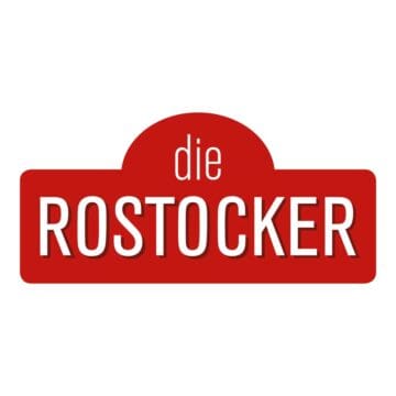 Ein rotes Logo mit weißen Texten, die die Worte "die ROSTOCKER" zeigen.